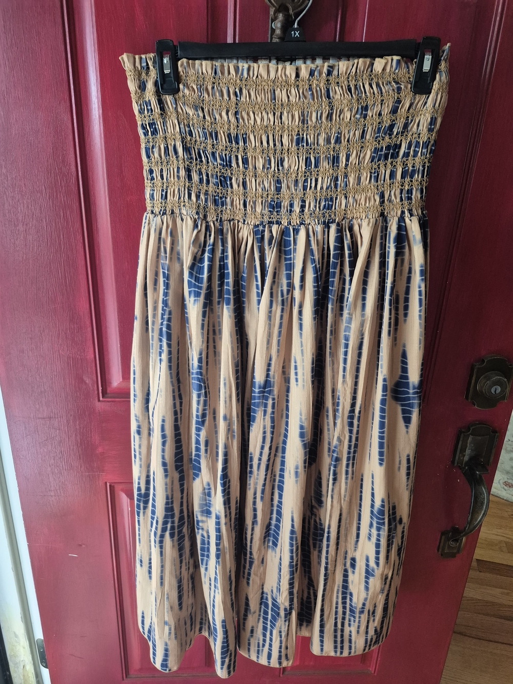 Strapless Smocked Midi Dress in Beige and Navy